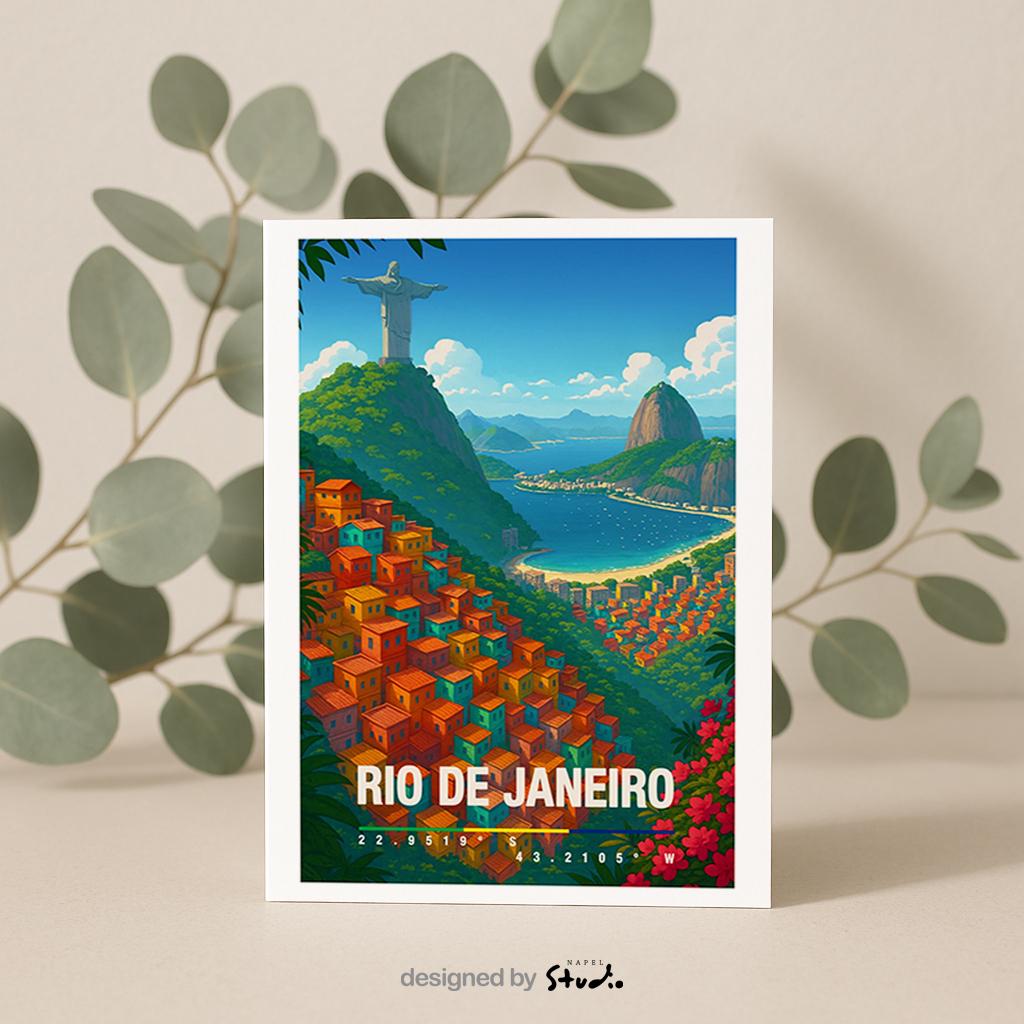 A6 Grußkarte mit bunter Illustration von Rio de Janeiro. Im Vordergrund leuchtende Favela-Häuser in Orange, Rot und Türkis, im Hintergrund die Christusstatue auf dem Berg, das Meer und die grünen Hügel. Unten steht „Rio de Janeiro“ mit Koordinaten. Farbenfrohe Reisekarte für Brasilien-Fans.