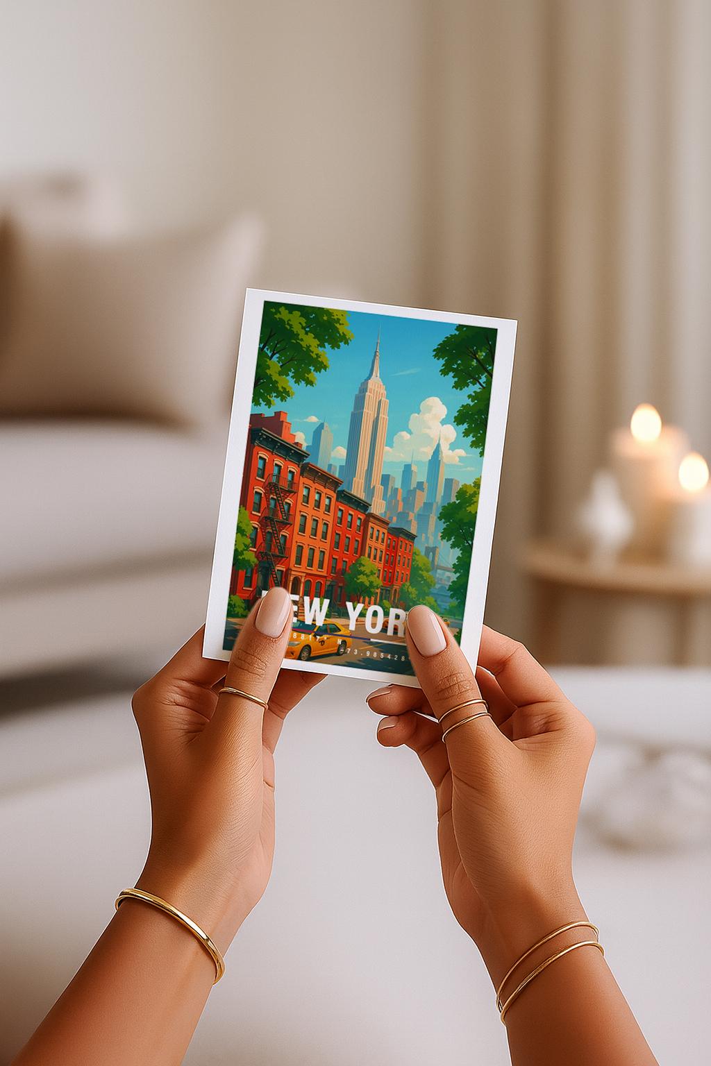 A6-Grußkarte mit New-York-Motiv: Rote Brownstone-Häuser, gelbe Taxis, grüne Bäume und die Skyline mit Empire State Building im Hintergrund. Moderne, farbenfrohe Illustration im Travel-Poster-Look, ideal als Reisekarte oder Geschenk.