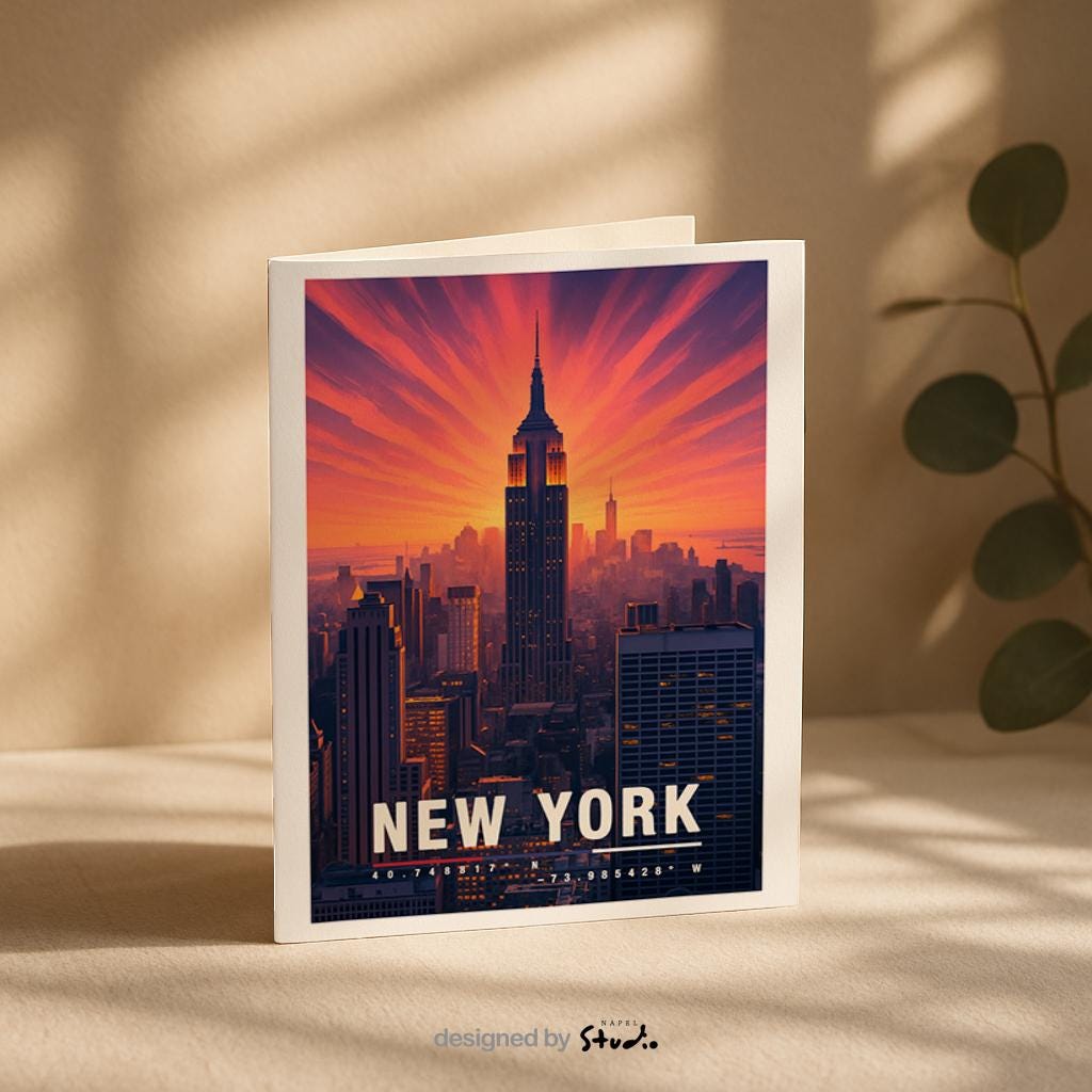 A6-Grußkarte mit New-York-Sonnenuntergang: Das Empire State Building steht im Zentrum, umgeben von orange-rosa Strahlen am Himmel. Die Skyline erscheint in warmen Lichttönen, moderne Reiseillustration, urbaner Stil. Perfekt als Reisekarte oder Geschenk für New-York-Fans.