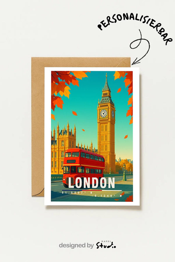 Postkarte London Big Ben & Roter Bus Herbst London Illustration Reise Stadtmotiv Uk Travel