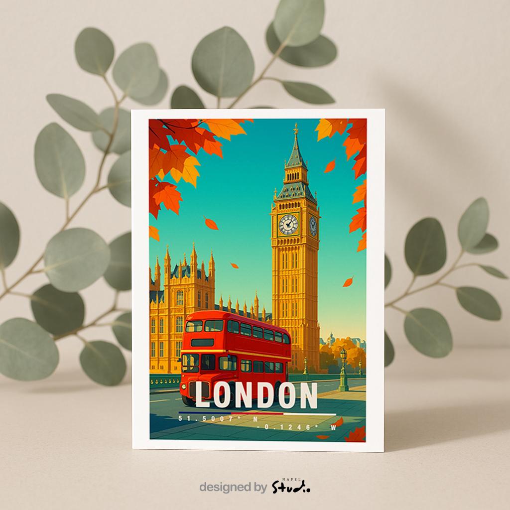 A6-Grußkarte mit herbstlicher London-Szene: Big Ben im Hintergrund, ein klassischer roter Doppeldeckerbus im Vordergrund, orange Herbstblätter fallen im Bild. Warme Farben, Travel-Illustrationsstil, ideal für London-Fans und Reisende.