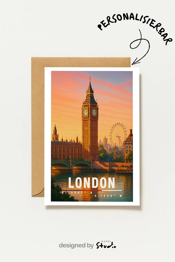Postkarte London Big Ben Sonnenuntergang Reise Stadtmotiv London Eye Illustration Uk Travel