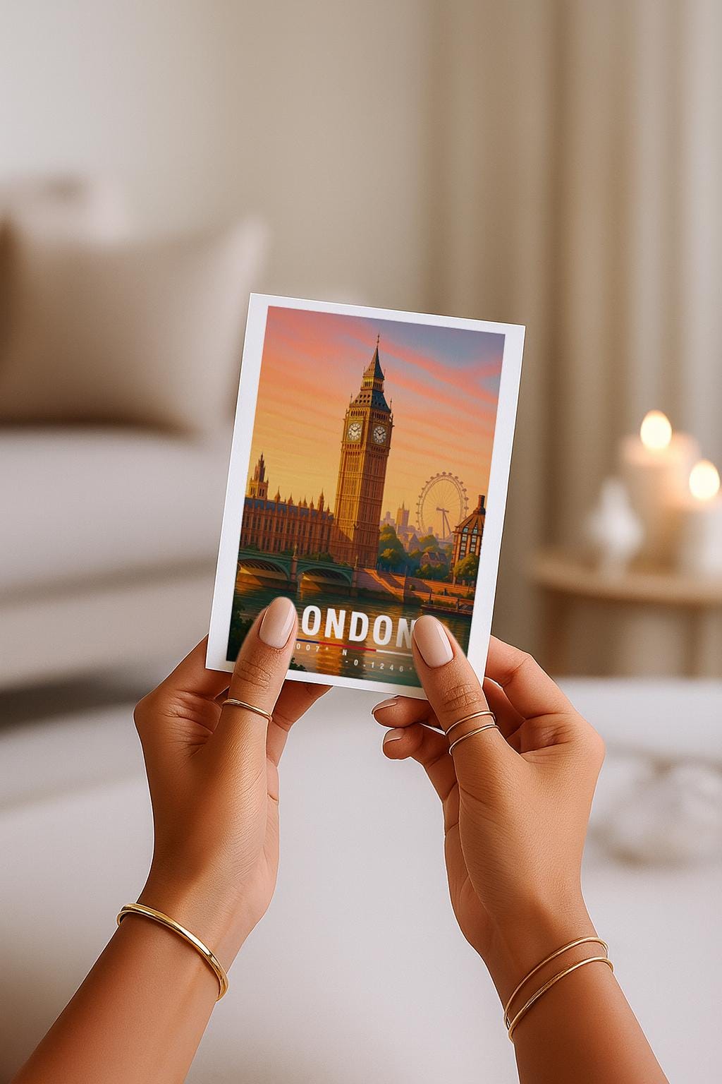 A6-Grußkarte mit London-Szene: Big Ben und London Eye im warmen Licht eines Sonnenuntergangs. Die Gebäude spiegeln sich im Wasser, Bäume und Skyline im Hintergrund. Moderne Travel-Illustration, perfekt als Grußkarte für London-Liebhaber.