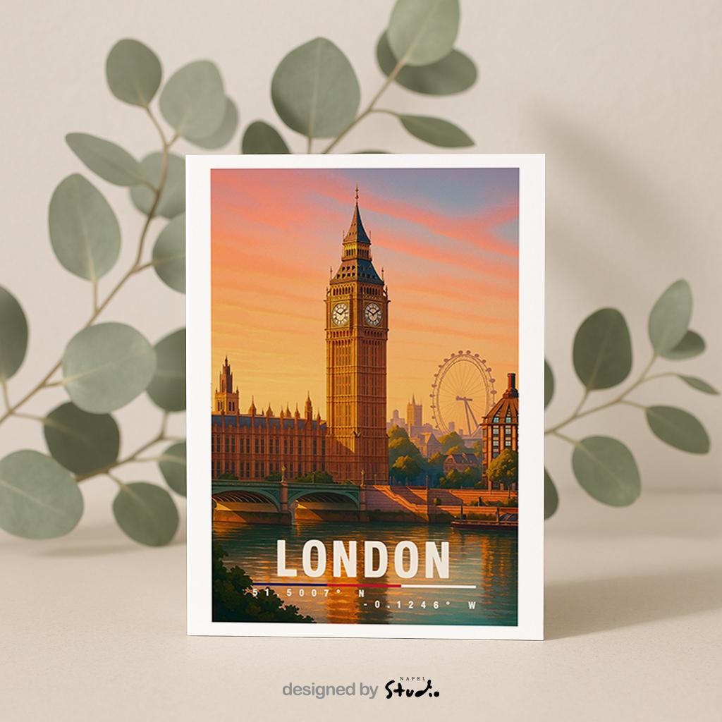 Postkarte London Big Ben Sonnenuntergang Reise Stadtmotiv London Eye Illustration Uk Travel
