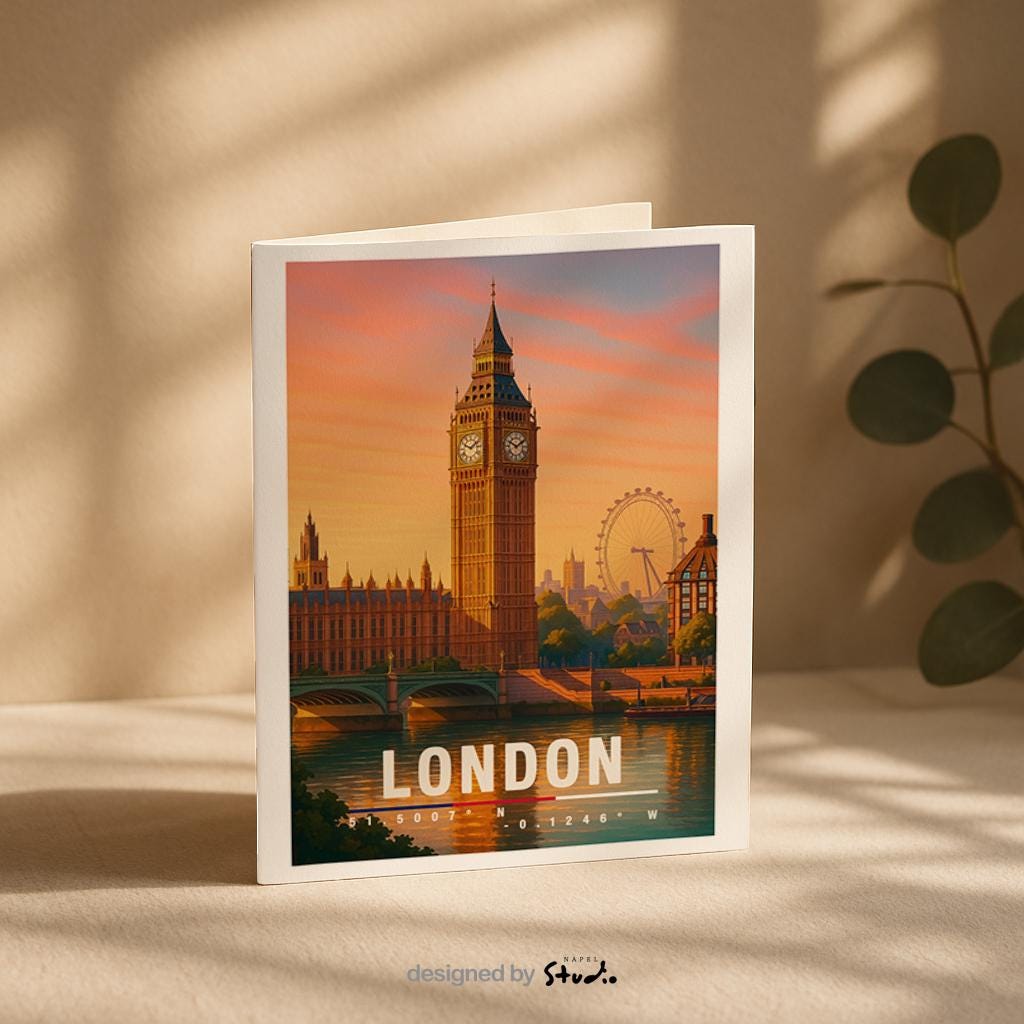 A6-Grußkarte mit London-Szene: Big Ben und London Eye im warmen Licht eines Sonnenuntergangs. Die Gebäude spiegeln sich im Wasser, Bäume und Skyline im Hintergrund. Moderne Travel-Illustration, perfekt als Grußkarte für London-Liebhaber.