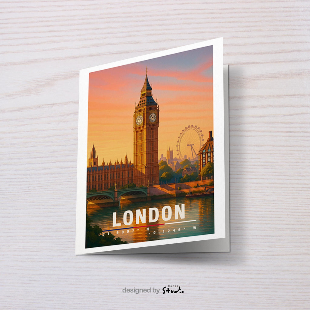 A6-Grußkarte mit London-Szene: Big Ben und London Eye im warmen Licht eines Sonnenuntergangs. Die Gebäude spiegeln sich im Wasser, Bäume und Skyline im Hintergrund. Moderne Travel-Illustration, perfekt als Grußkarte für London-Liebhaber.