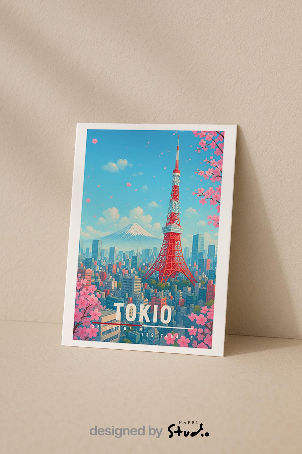 A6-Grußkarte mit Tokio-Illustration: Roter Tokyo Tower, Kirschblüten, Stadtlandschaft und Berg Fuji im Hintergrund. Leuchtender blauer Himmel, rosa Sakura, moderner Travel-Poster-Stil. Ideal als Grußkarte für Japan-Liebhaber.