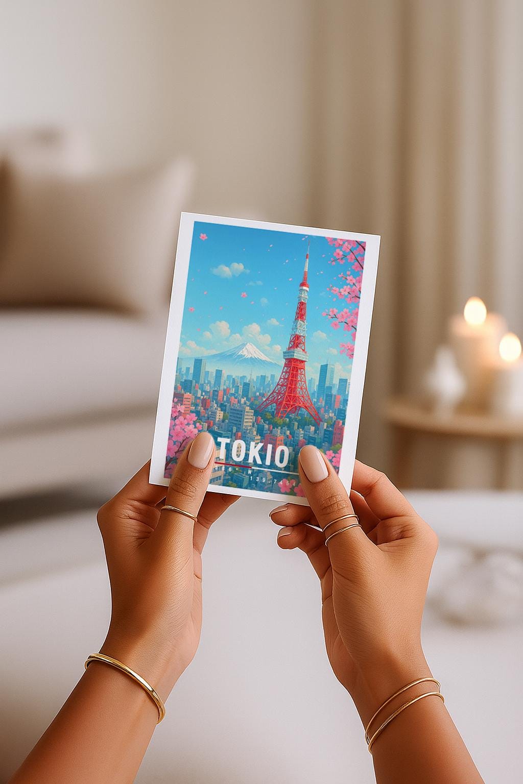 A6-Grußkarte mit Tokio-Illustration: Roter Tokyo Tower, Kirschblüten, Stadtlandschaft und Berg Fuji im Hintergrund. Leuchtender blauer Himmel, rosa Sakura, moderner Travel-Poster-Stil. Ideal als Grußkarte für Japan-Liebhaber.