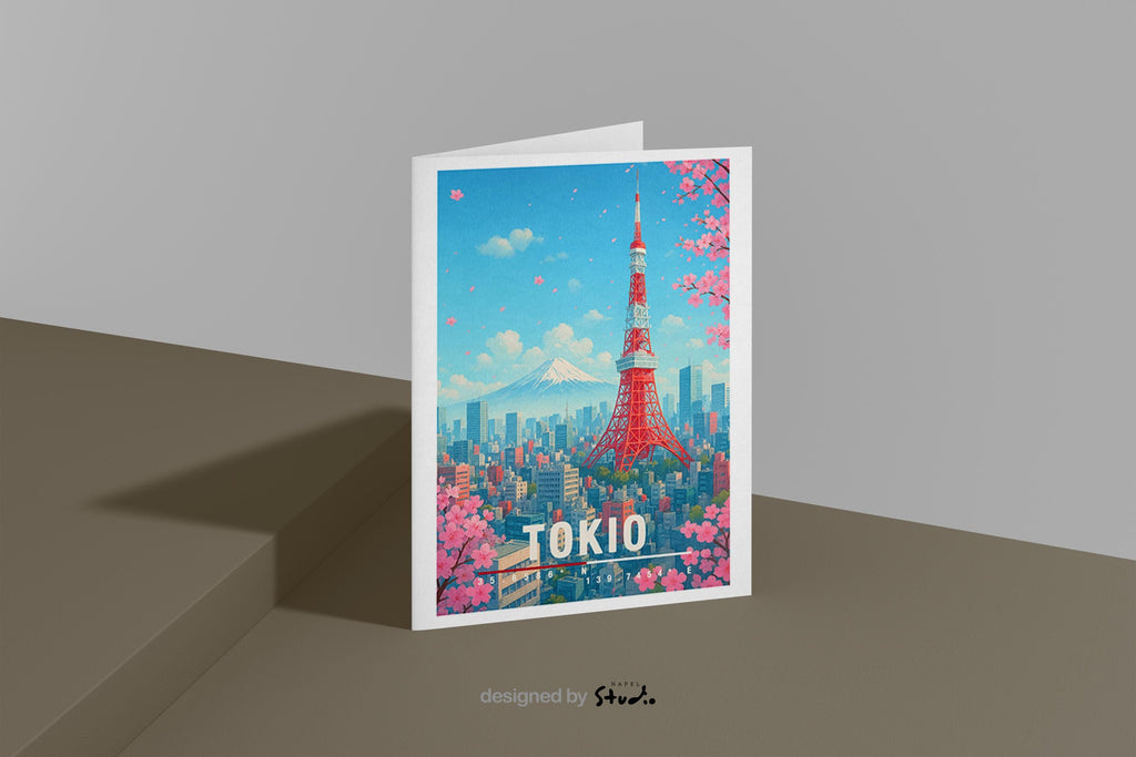 A6-Grußkarte mit Tokio-Illustration: Roter Tokyo Tower, Kirschblüten, Stadtlandschaft und Berg Fuji im Hintergrund. Leuchtender blauer Himmel, rosa Sakura, moderner Travel-Poster-Stil. Ideal als Grußkarte für Japan-Liebhaber.