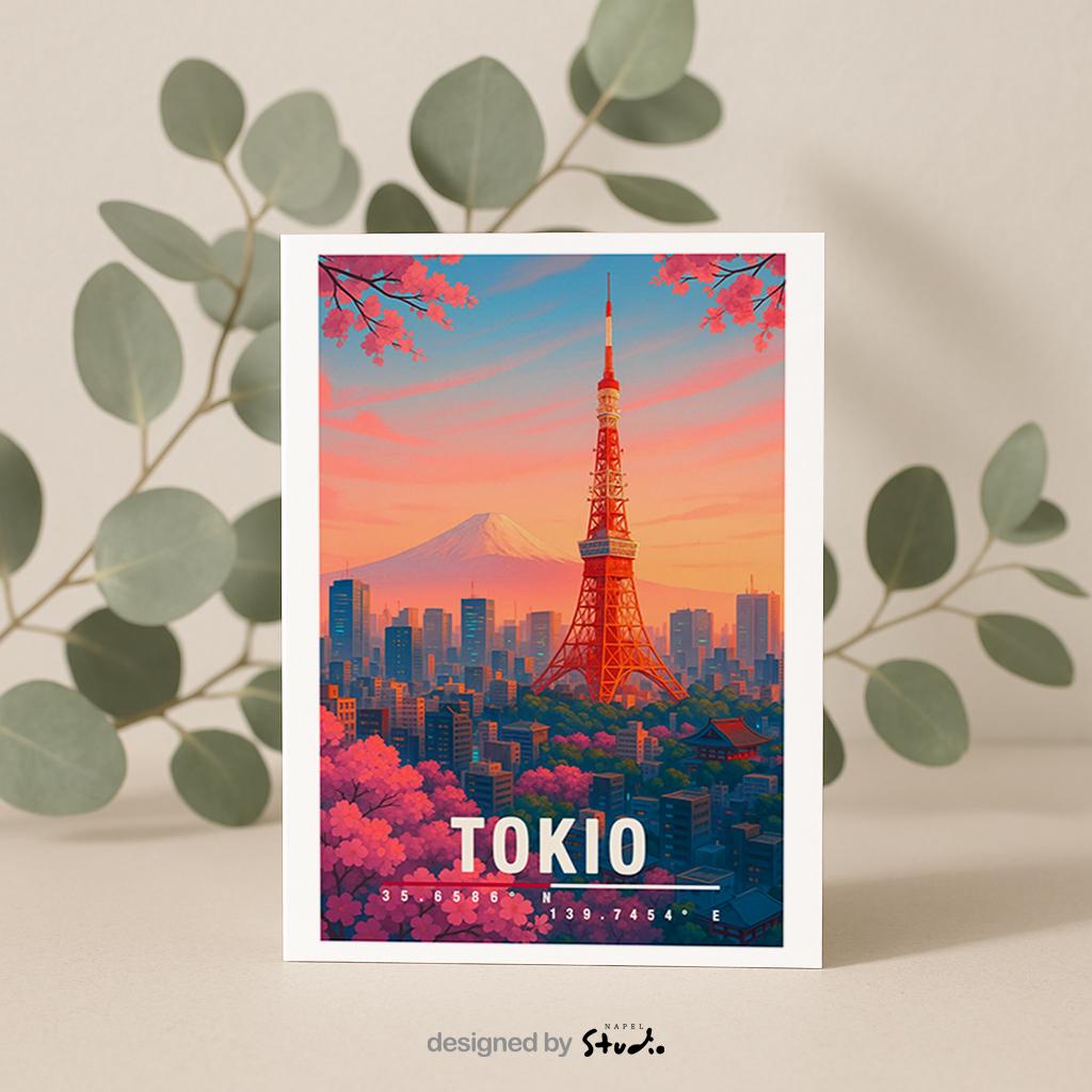 Illustration der Stadt Tokio mit dem roten Tokyo Tower im warmen Sonnenuntergang. Im Hintergrund ist der schneebedeckte Berg Fuji zu sehen. Rosa Kirschblüten umrahmen die Szene, während zahlreiche Hochhäuser eine typische Skyline bilden. Leuchtende Farben, moderner Travel-Poster-Stil, ideal für Japan- und Sakura-Liebhaber.