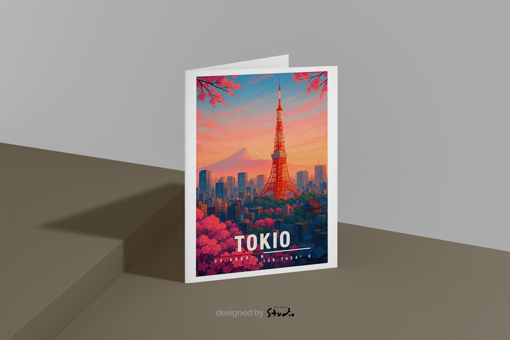 Illustration der Stadt Tokio mit dem roten Tokyo Tower im warmen Sonnenuntergang. Im Hintergrund ist der schneebedeckte Berg Fuji zu sehen. Rosa Kirschblüten umrahmen die Szene, während zahlreiche Hochhäuser eine typische Skyline bilden. Leuchtende Farben, moderner Travel-Poster-Stil, ideal für Japan- und Sakura-Liebhaber.