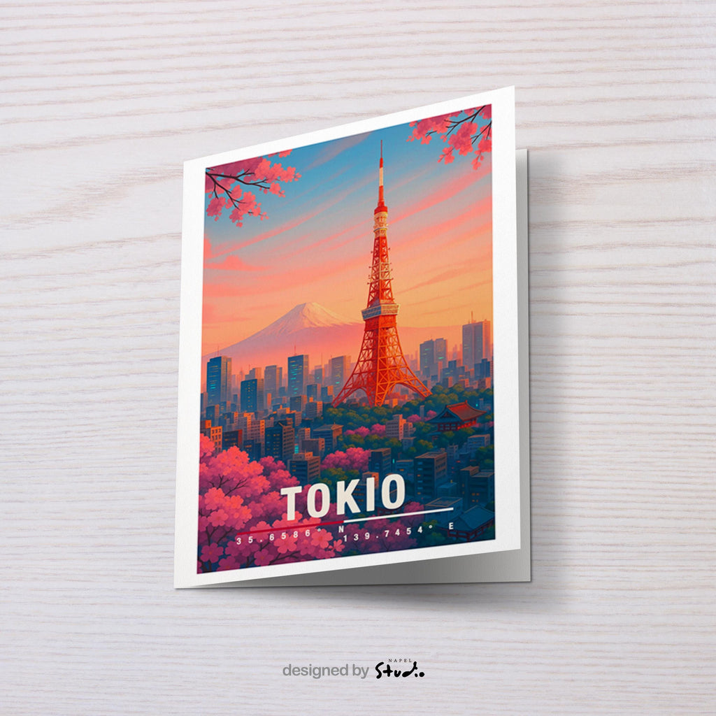 Illustration der Stadt Tokio mit dem roten Tokyo Tower im warmen Sonnenuntergang. Im Hintergrund ist der schneebedeckte Berg Fuji zu sehen. Rosa Kirschblüten umrahmen die Szene, während zahlreiche Hochhäuser eine typische Skyline bilden. Leuchtende Farben, moderner Travel-Poster-Stil, ideal für Japan- und Sakura-Liebhaber.