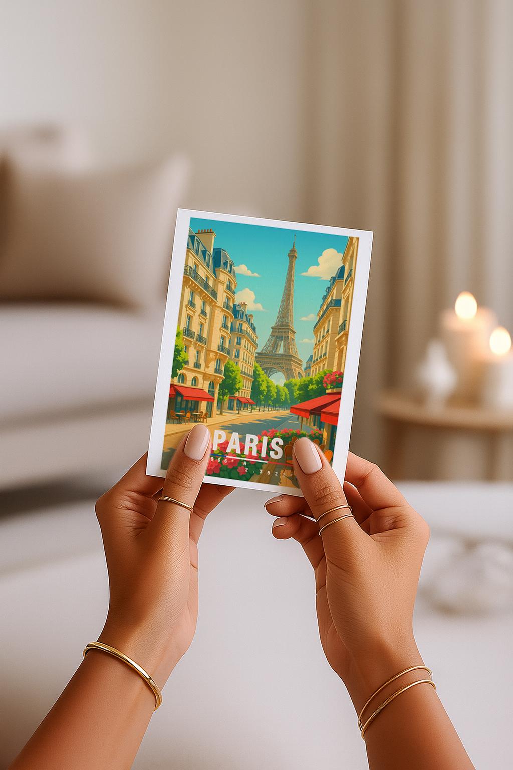 Illustrative Paris Grußkarte im modernen Travel-Poster-Stil. Zu sehen ist eine sonnige Pariser Straße mit Blick auf den Eiffelturm, umgeben von klassischen Häuserfassaden, roten Markisen, Straßencafés und blühenden Blumen. Die Karte wirkt warm, ästhetisch und detailreich – ideal für Geschenkideen, Deko oder Reiseerinnerungen.