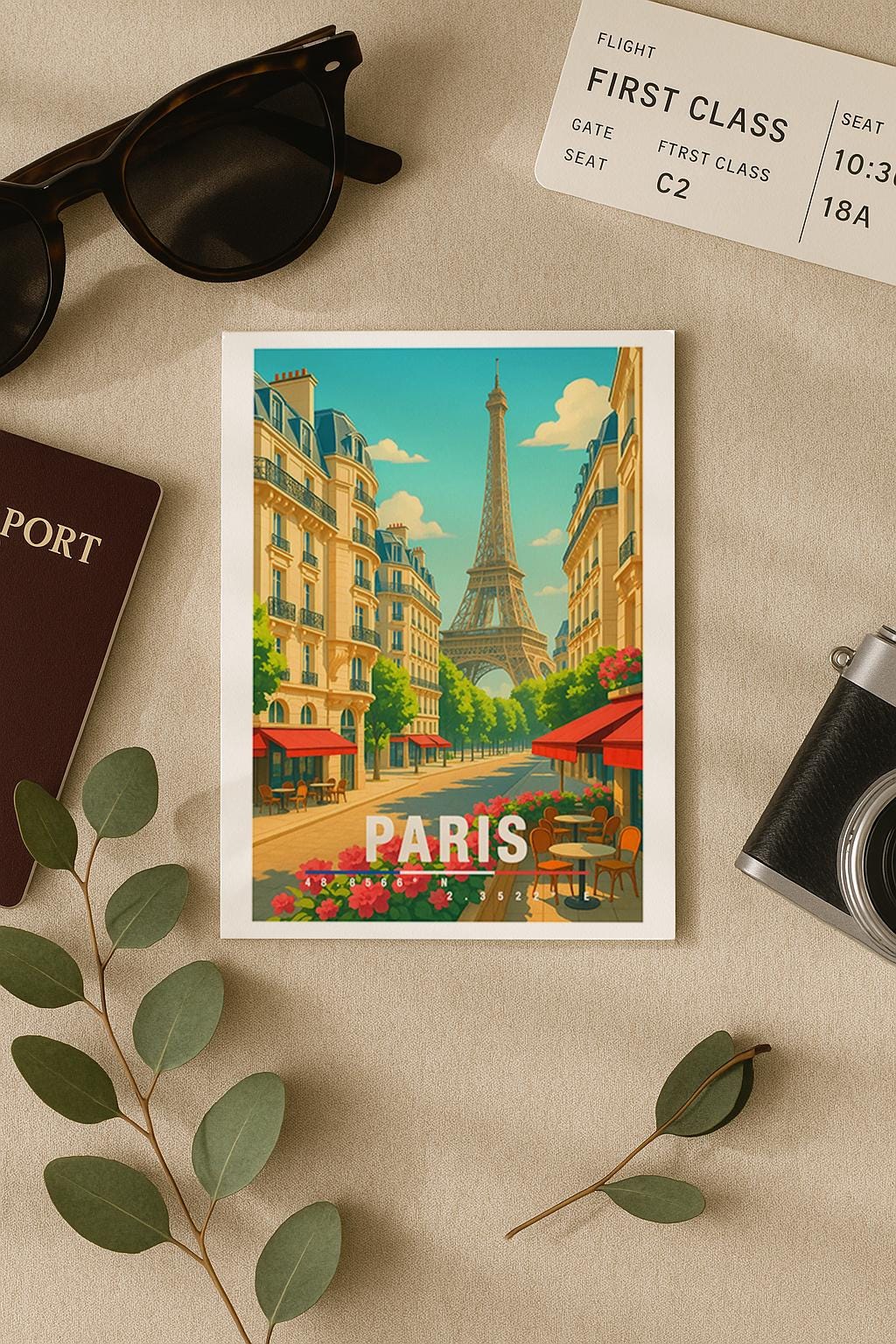 Illustrative Paris Grußkarte im modernen Travel-Poster-Stil. Zu sehen ist eine sonnige Pariser Straße mit Blick auf den Eiffelturm, umgeben von klassischen Häuserfassaden, roten Markisen, Straßencafés und blühenden Blumen. Die Karte wirkt warm, ästhetisch und detailreich – ideal für Geschenkideen, Deko oder Reiseerinnerungen.