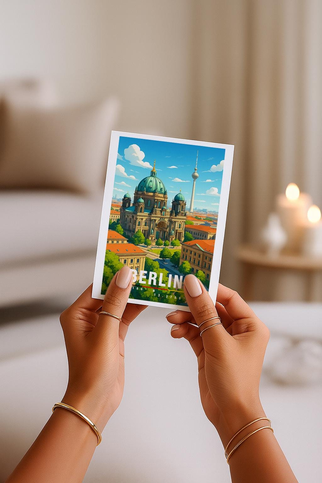 A6-Grußkarte mit Berlin-Illustration: Der Berliner Dom mit grüner Kuppel steht im Mittelpunkt, im Hintergrund ist der Fernsehturm zu sehen. Umgeben von historischen Gebäuden und grünen Bäumen, dargestellt im modernen Travel-Poster-Stil mit klaren Farben. Ideal als Reise- oder Souvenirkarte für Berlin-Liebhaber.