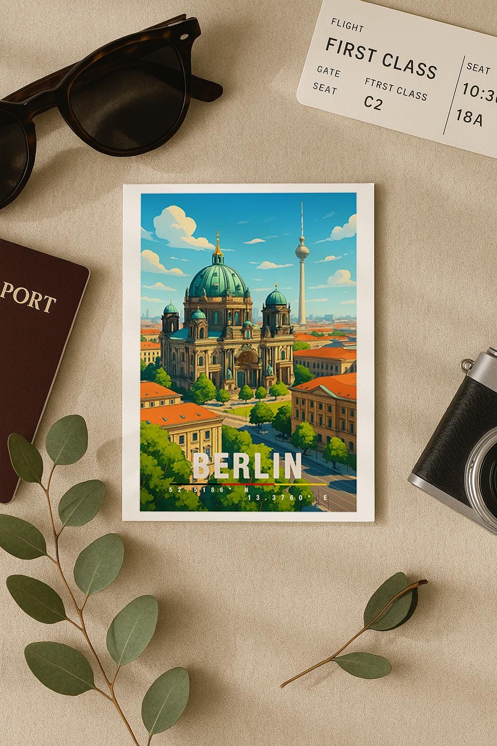 A6-Grußkarte mit Berlin-Illustration: Der Berliner Dom mit grüner Kuppel steht im Mittelpunkt, im Hintergrund ist der Fernsehturm zu sehen. Umgeben von historischen Gebäuden und grünen Bäumen, dargestellt im modernen Travel-Poster-Stil mit klaren Farben. Ideal als Reise- oder Souvenirkarte für Berlin-Liebhaber.