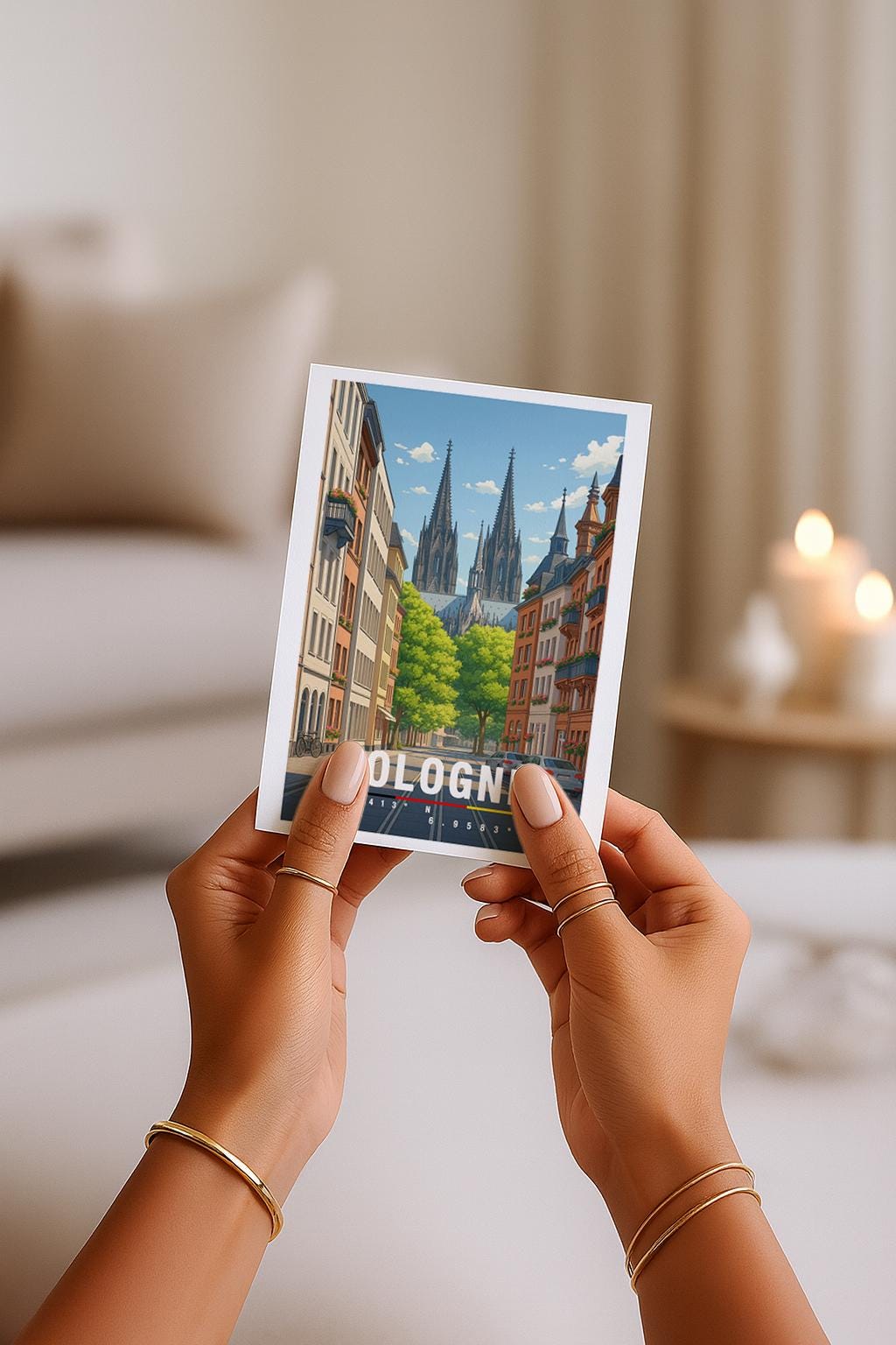 A6-Grußkarte mit Köln-Illustration: Blick durch eine ruhige Straße auf den Kölner Dom mit seinen markanten Türmen. Umgeben von Wohnhäusern, grünen Bäumen und parkenden Autos. Moderne Travel-Poster-Optik mit warmen Farben, ideal als Reise- oder Souvenirkarte für Köln-Liebhaber.