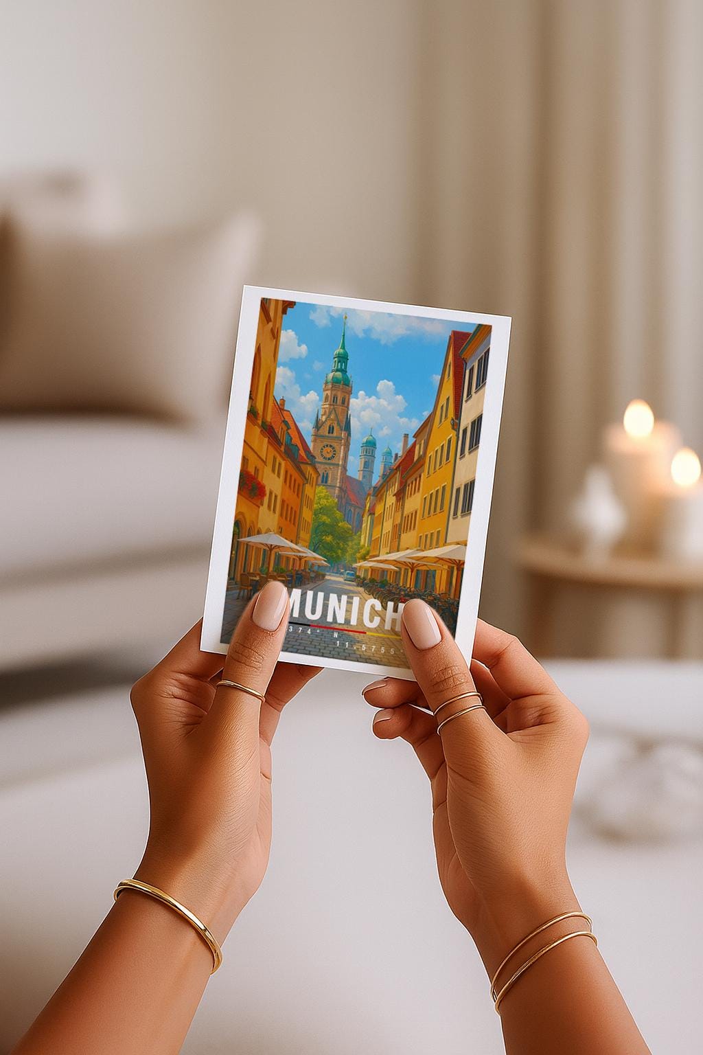 A6-Grußkarte mit München-Illustration: Blick durch eine gemütliche Altstadtstraße mit Cafés und Fahrrädern auf historische Türme und Dächer. Warme Farben, klare Linien und moderner Travel-Poster-Stil. Ideal als Reise- oder Souvenirkarte für München- und Bayern-Liebhaber.