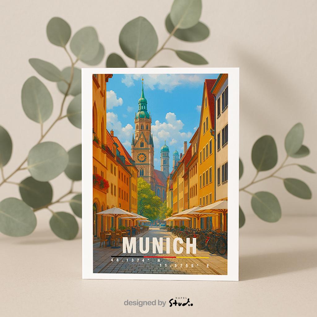A6-Grußkarte mit München-Illustration: Blick durch eine gemütliche Altstadtstraße mit Cafés und Fahrrädern auf historische Türme und Dächer. Warme Farben, klare Linien und moderner Travel-Poster-Stil. Ideal als Reise- oder Souvenirkarte für München- und Bayern-Liebhaber.