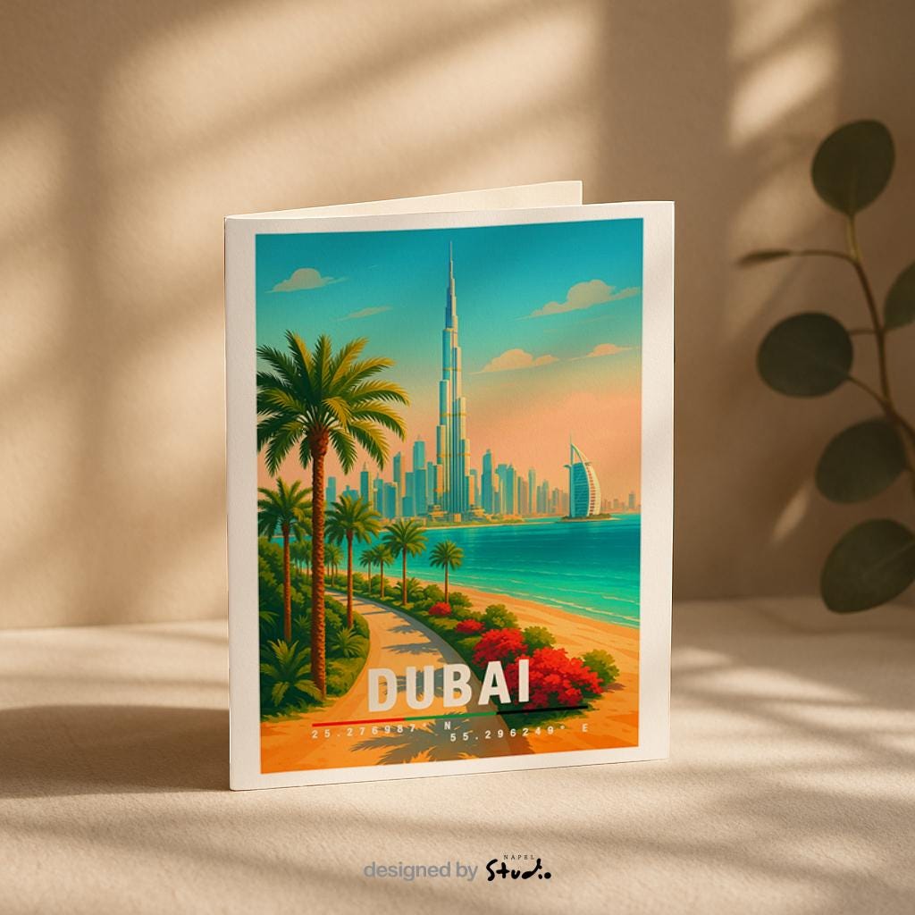 Illustrative Dubai-Grußkarte mit der Skyline, dem Burj Khalifa, Palmen und dem türkisfarbenen Meer. Warme Farben, moderner Reiseposter-Stil, klare Formen. Ideal als Glückwunschkarte, Urlaubskarte oder für Reisebegeisterte. Hochwertiges Design mit elegantem Stadtmotiv.