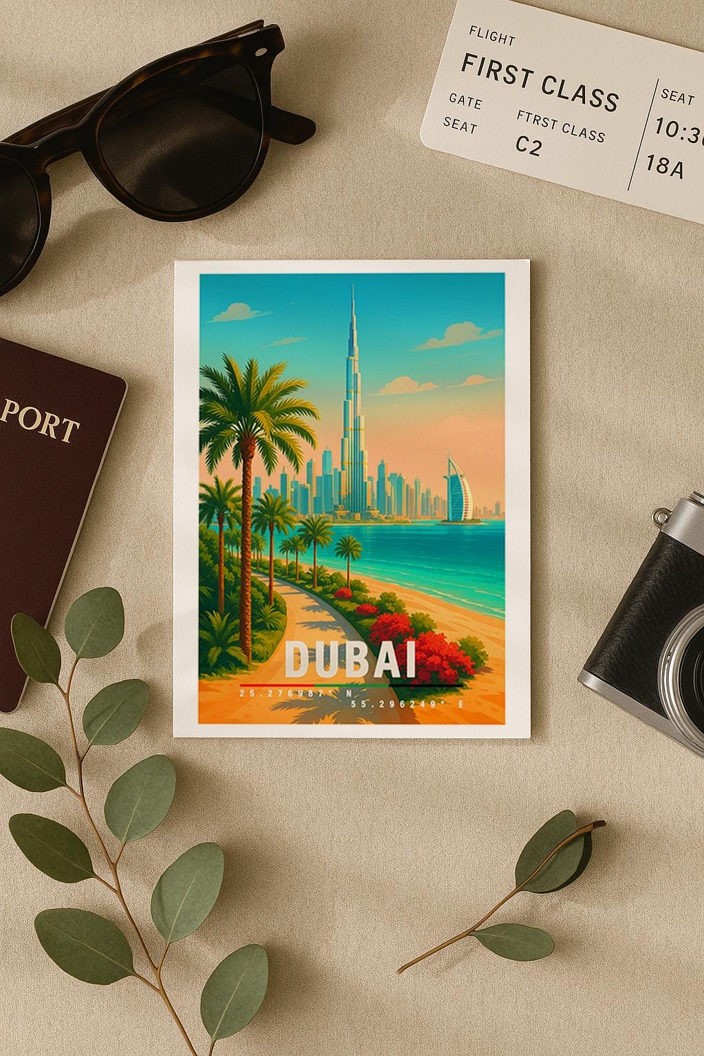 Illustrative Dubai-Grußkarte mit der Skyline, dem Burj Khalifa, Palmen und dem türkisfarbenen Meer. Warme Farben, moderner Reiseposter-Stil, klare Formen. Ideal als Glückwunschkarte, Urlaubskarte oder für Reisebegeisterte. Hochwertiges Design mit elegantem Stadtmotiv.
