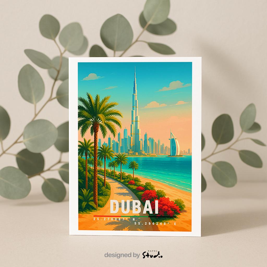 Illustrative Dubai-Grußkarte mit der Skyline, dem Burj Khalifa, Palmen und dem türkisfarbenen Meer. Warme Farben, moderner Reiseposter-Stil, klare Formen. Ideal als Glückwunschkarte, Urlaubskarte oder für Reisebegeisterte. Hochwertiges Design mit elegantem Stadtmotiv.