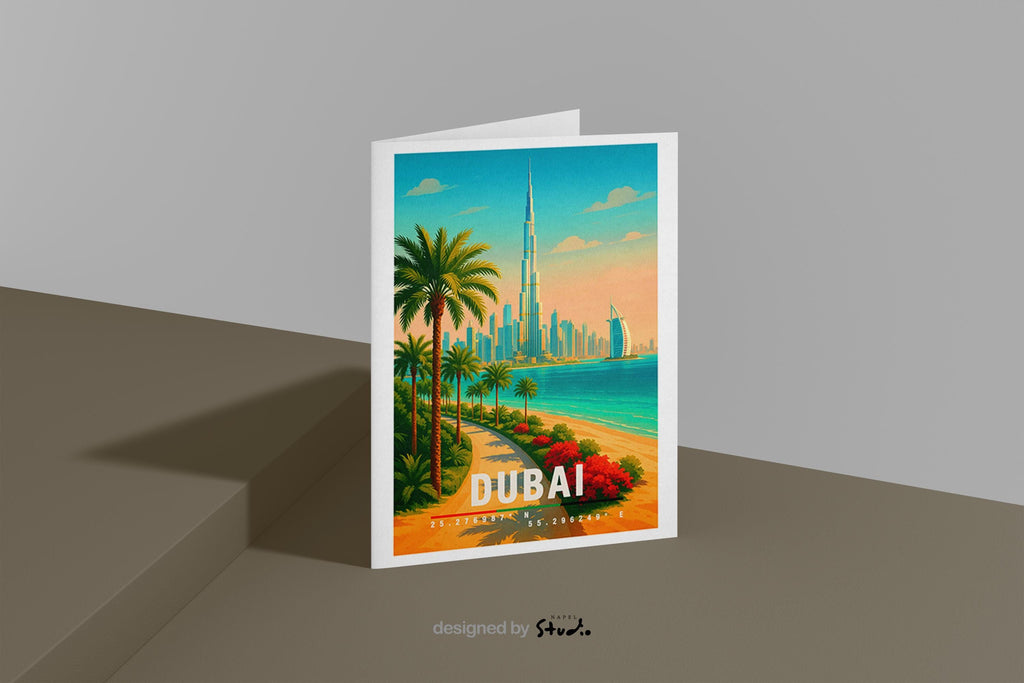Illustrative Dubai-Grußkarte mit der Skyline, dem Burj Khalifa, Palmen und dem türkisfarbenen Meer. Warme Farben, moderner Reiseposter-Stil, klare Formen. Ideal als Glückwunschkarte, Urlaubskarte oder für Reisebegeisterte. Hochwertiges Design mit elegantem Stadtmotiv.