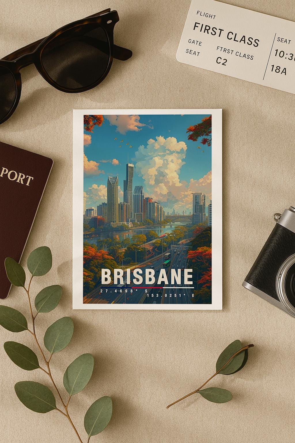 A6-Grußkarte mit Brisbane-Illustration: Moderne Skyline entlang eines Flusses, umgeben von Straßen, Brücken und grünen Bäumen. Hoher Himmel mit Wolken, warme Farben und klarer Travel-Poster-Stil. Ideal als Reise- oder Souvenirkarte für Brisbane- und Australien-Liebhaber.