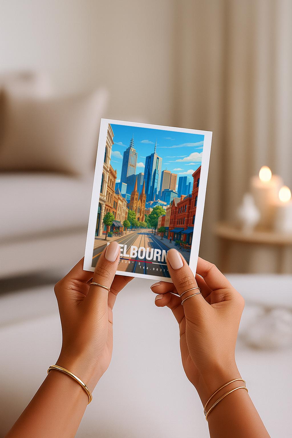 A6-Grußkarte mit Melbourne-Illustration: Blick durch eine urbane Straße mit historischen Fassaden auf eine moderne Skyline aus Hochhäusern. Klare Linien, warme Farben und moderner Travel-Poster-Stil. Ideal als Reise- oder Souvenirkarte für Melbourne- und Australien-Liebhaber.