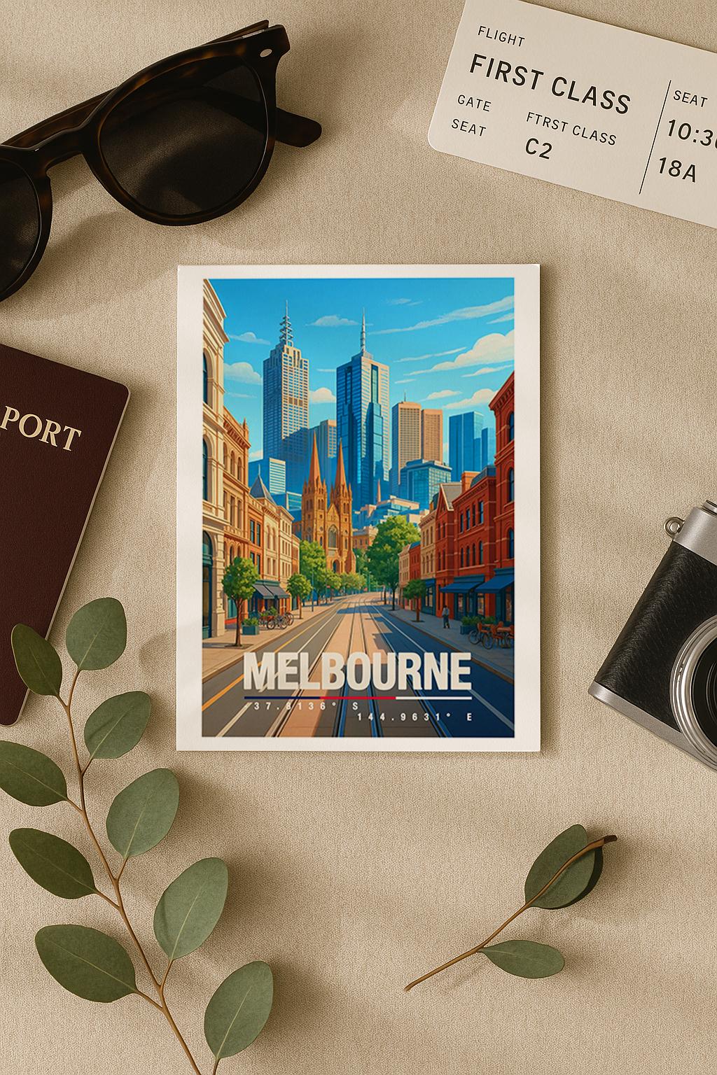 A6-Grußkarte mit Melbourne-Illustration: Blick durch eine urbane Straße mit historischen Fassaden auf eine moderne Skyline aus Hochhäusern. Klare Linien, warme Farben und moderner Travel-Poster-Stil. Ideal als Reise- oder Souvenirkarte für Melbourne- und Australien-Liebhaber.