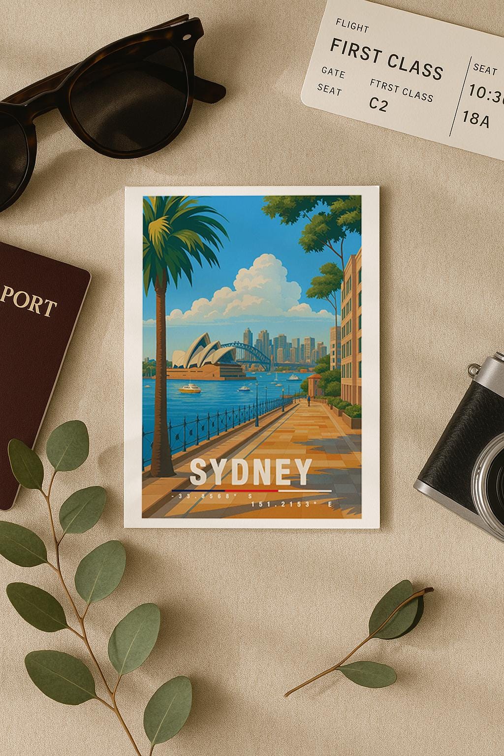 A6-Grußkarte mit Sydney-Illustration: Blick entlang einer palmengesäumten Promenade auf das Opera House und die Harbour Bridge, dahinter die Skyline am Wasser. Boote im Hafen, heller Himmel und klare Farben im modernen Travel-Poster-Stil. Ideal als Reise- oder Souvenirkarte für Sydney- und Australien-Liebhaber.