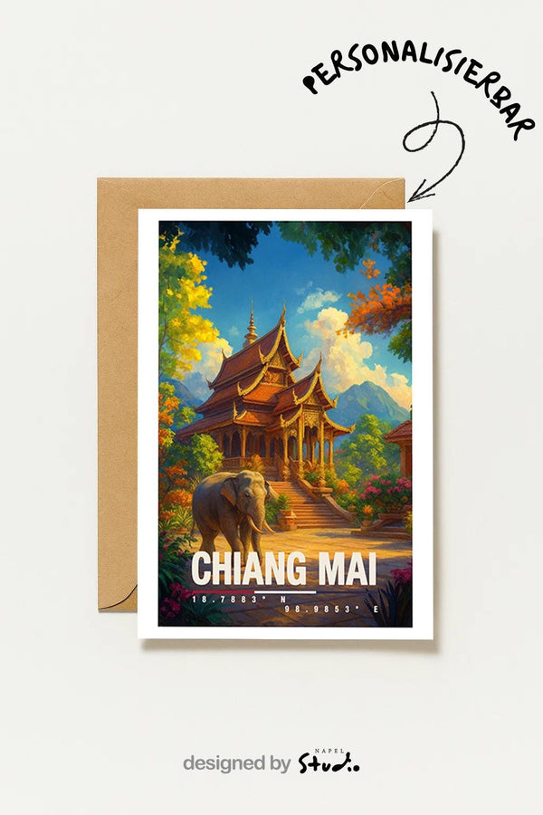 Postkarte Chiang Mai Thailand Tempel Chiang Mai Illustration Elefant Reise Stadtmotiv Thailand Travel
