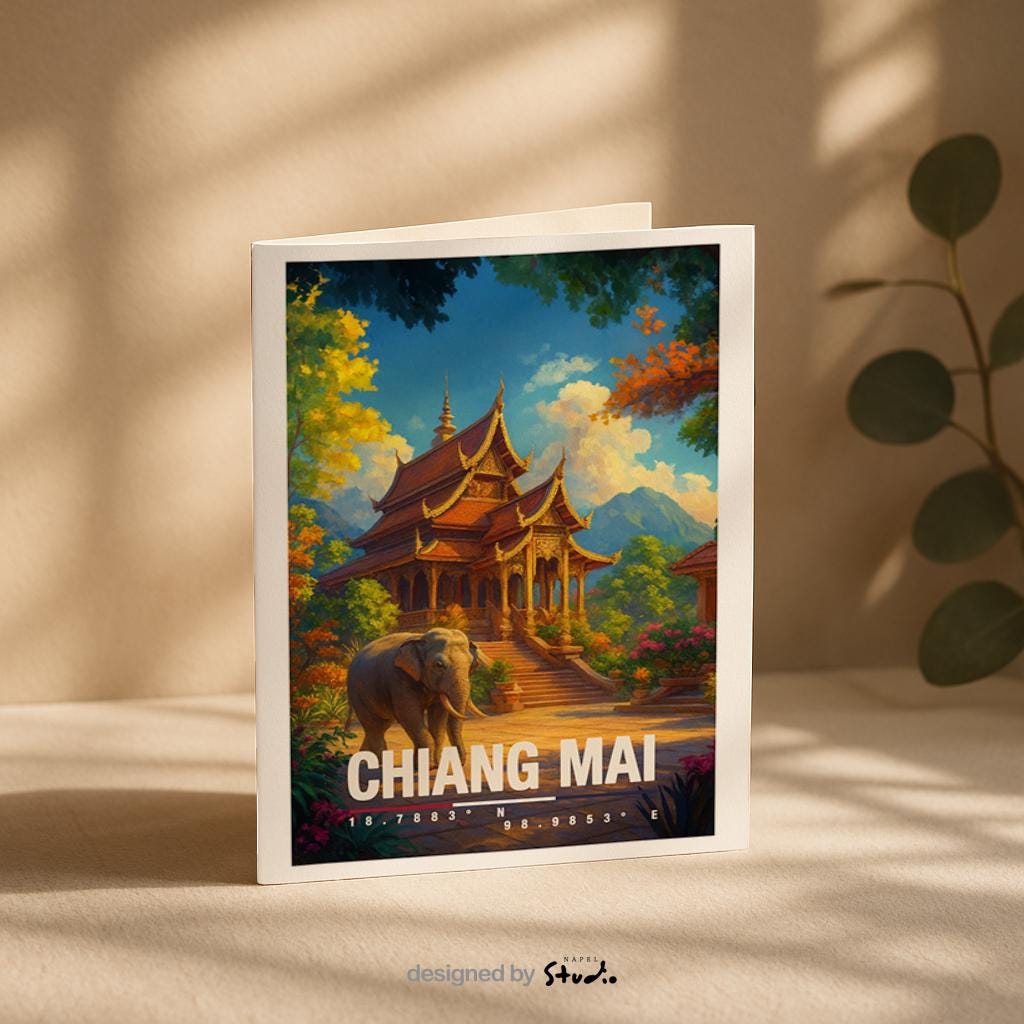 A6-Grußkarte mit Chiang-Mai-Illustration: Traditioneller thailändischer Tempel mit goldenen Dächern, umgeben von üppiger Natur. Ein Elefant steht im Vordergrund, im Hintergrund Berge und Himmel. Warme Farben und moderner Travel-Poster-Stil, ideal als Reise- oder Souvenirkarte für Thailand- und Asien-Liebhaber.