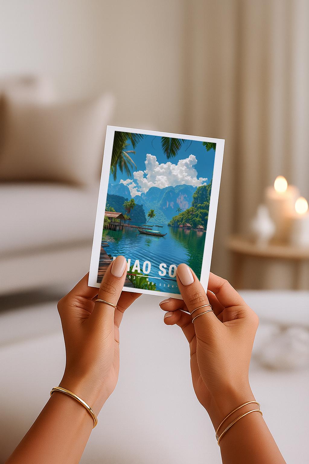 A6-Grußkarte mit Khao-Sok-Illustration: Tropischer See mit türkisgrünem Wasser, Holzbungalows am Ufer und einem Boot in der Mitte. Umgeben von Palmen, dichter Vegetation und hohen Kalksteinfelsen unter blauem Himmel mit Wolken. Moderner Travel-Poster-Stil, ideal als Reise- oder Souvenirkarte für Thailand- und Natur-Liebhaber.