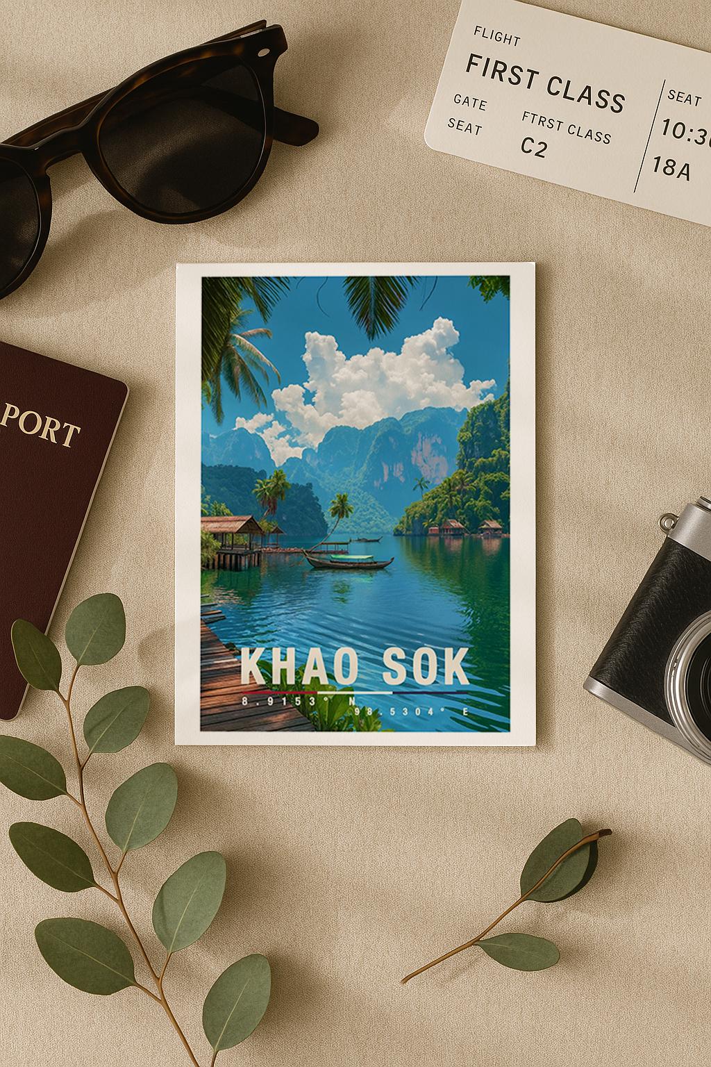 A6-Grußkarte mit Khao-Sok-Illustration: Tropischer See mit türkisgrünem Wasser, Holzbungalows am Ufer und einem Boot in der Mitte. Umgeben von Palmen, dichter Vegetation und hohen Kalksteinfelsen unter blauem Himmel mit Wolken. Moderner Travel-Poster-Stil, ideal als Reise- oder Souvenirkarte für Thailand- und Natur-Liebhaber.