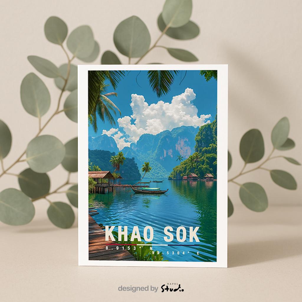 A6-Grußkarte mit Khao-Sok-Illustration: Tropischer See mit türkisgrünem Wasser, Holzbungalows am Ufer und einem Boot in der Mitte. Umgeben von Palmen, dichter Vegetation und hohen Kalksteinfelsen unter blauem Himmel mit Wolken. Moderner Travel-Poster-Stil, ideal als Reise- oder Souvenirkarte für Thailand- und Natur-Liebhaber.