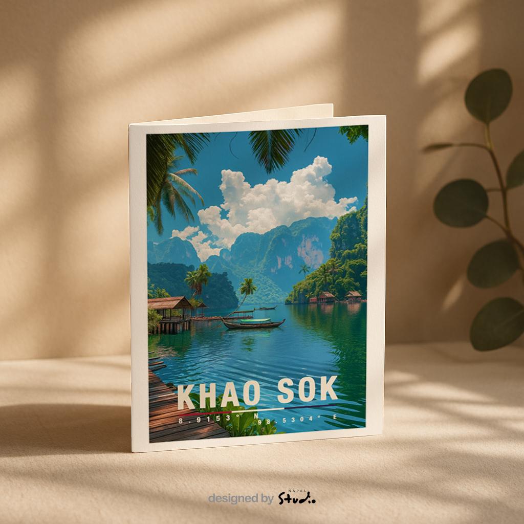 A6-Grußkarte mit Khao-Sok-Illustration: Tropischer See mit türkisgrünem Wasser, Holzbungalows am Ufer und einem Boot in der Mitte. Umgeben von Palmen, dichter Vegetation und hohen Kalksteinfelsen unter blauem Himmel mit Wolken. Moderner Travel-Poster-Stil, ideal als Reise- oder Souvenirkarte für Thailand- und Natur-Liebhaber.