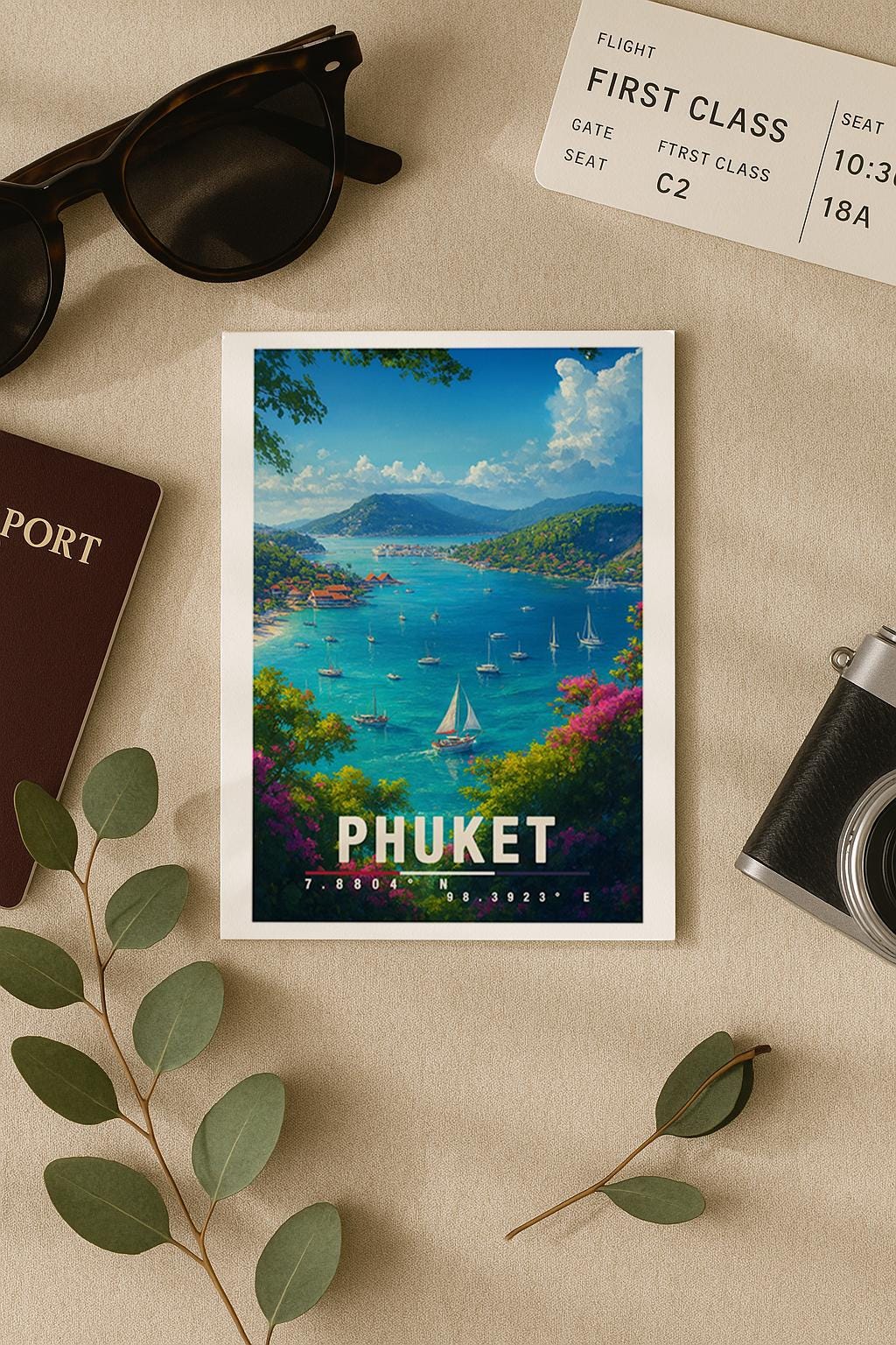 A6-Grußkarte mit Phuket-Illustration: Blick auf eine tropische Bucht mit türkisblauem Meer, zahlreichen Segelbooten und grünen Inselhügeln. Bunte Blumen und Bäume rahmen die Szene ein, im Hintergrund liegen Küste und Dörfer. Heller Himmel mit Wolken, moderner Travel-Poster-Stil, ideal als Reise- oder Souvenirkarte für Thailand- und Insel-Liebhaber.
