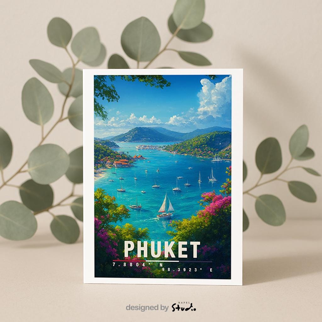 A6-Grußkarte mit Phuket-Illustration: Blick auf eine tropische Bucht mit türkisblauem Meer, zahlreichen Segelbooten und grünen Inselhügeln. Bunte Blumen und Bäume rahmen die Szene ein, im Hintergrund liegen Küste und Dörfer. Heller Himmel mit Wolken, moderner Travel-Poster-Stil, ideal als Reise- oder Souvenirkarte für Thailand- und Insel-Liebhaber.
