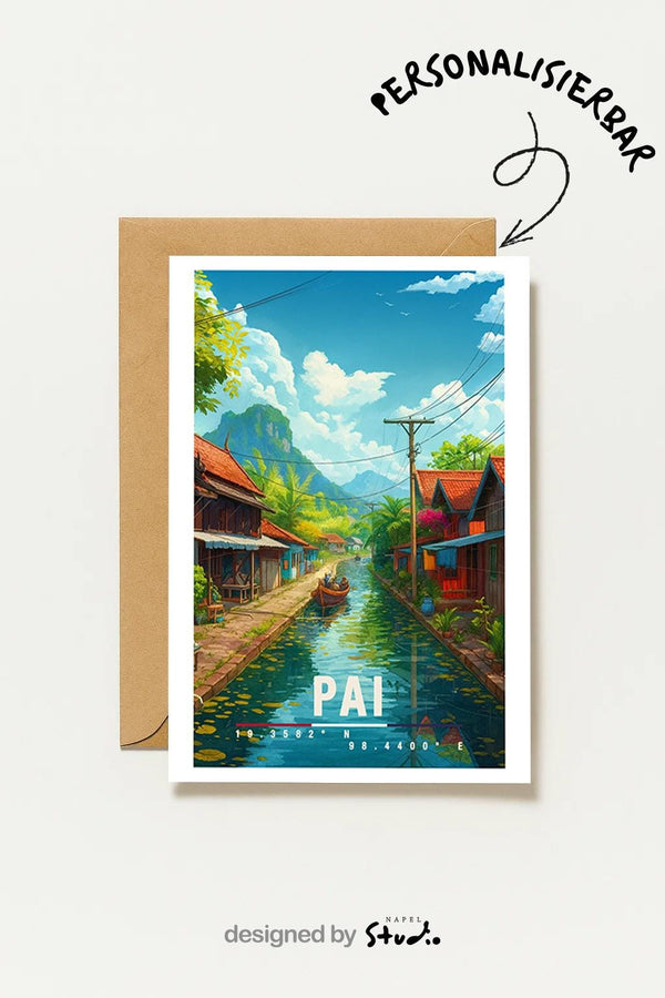 Postkarte Pai Thailand Dorf & Fluss Pai Illustration Landschaft Reise Naturmotiv Thailand Travel