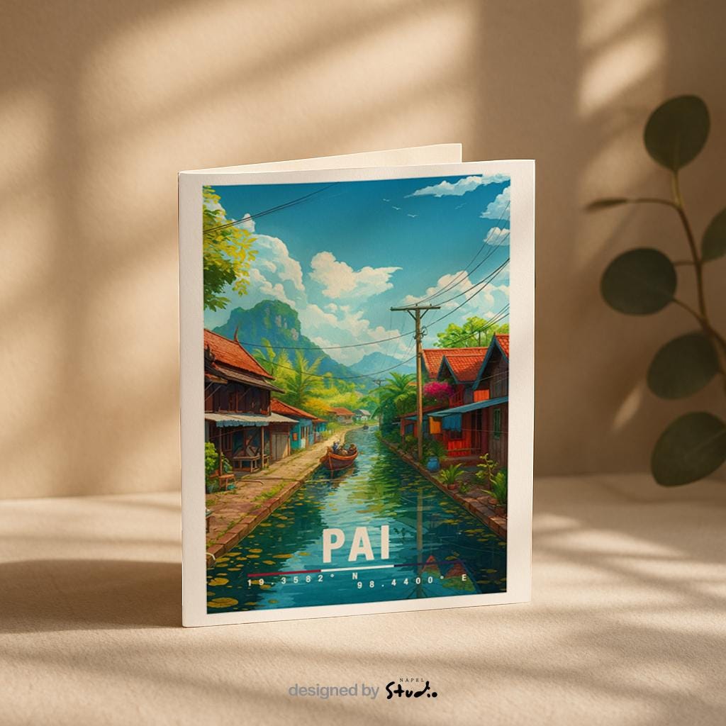 A6-Grußkarte mit Pai-Illustration: Ein ruhiger Fluss zieht sich durch ein thailändisches Dorf mit traditionellen Holzhäusern, Booten und üppiger tropischer Vegetation. Palmen, Berge und ein blauer Himmel mit Wolken rahmen die Szene ein. Sanfte Farben und moderner Travel-Poster-Stil vermitteln Ruhe, Naturverbundenheit und das entspannte Lebensgefühl von Pai in Thailand.