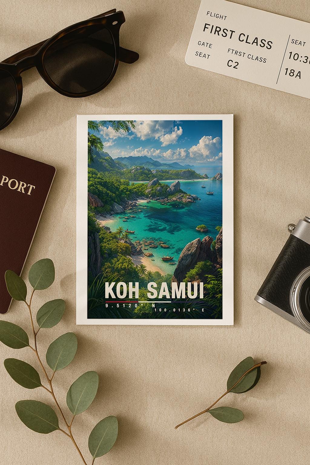 A6-Grußkarte mit Koh-Samui-Illustration: Blick auf eine tropische Inselküste mit türkisblauem Meer, felsigen Buchten und kleinen Booten. Dichte grüne Vegetation und Palmen rahmen die Szene ein, im Hintergrund liegen weitere Inseln unter blauem Himmel mit Wolken. Leuchtende Farben im modernen Travel-Poster-Stil, ideal als Reise- oder Souvenirkarte für Thailand- und Insel-Liebhaber.