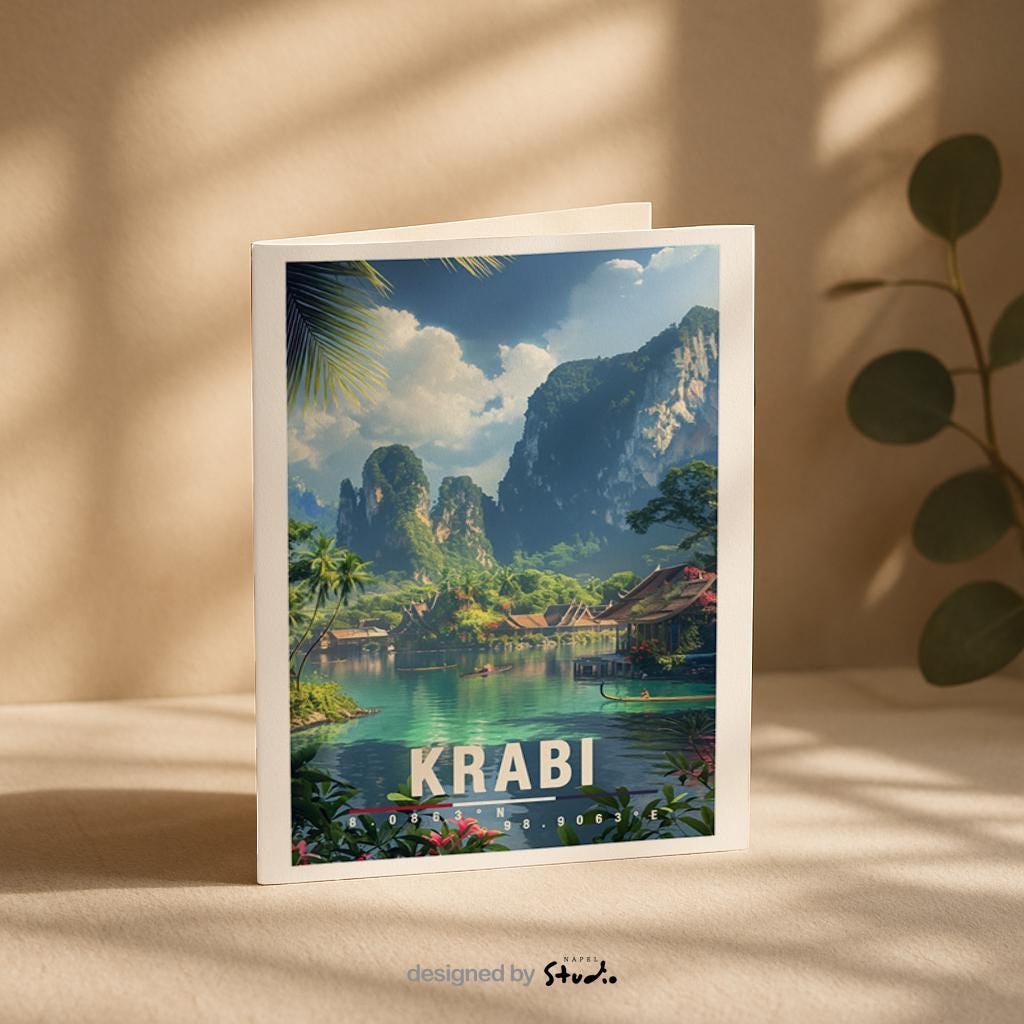 A6-Grußkarte mit Krabi-Illustration: Ruhige Lagune mit türkisgrünem Wasser, traditionellen Booten und Holzbungalows am Ufer. Umgeben von dichter tropischer Vegetation und hohen Kalksteinfelsen unter blauem Himmel mit Wolken. Leuchtende Farben und moderner Travel-Poster-Stil, ideal als Reise- oder Souvenirkarte für Thailand- und Natur-Liebhaber.