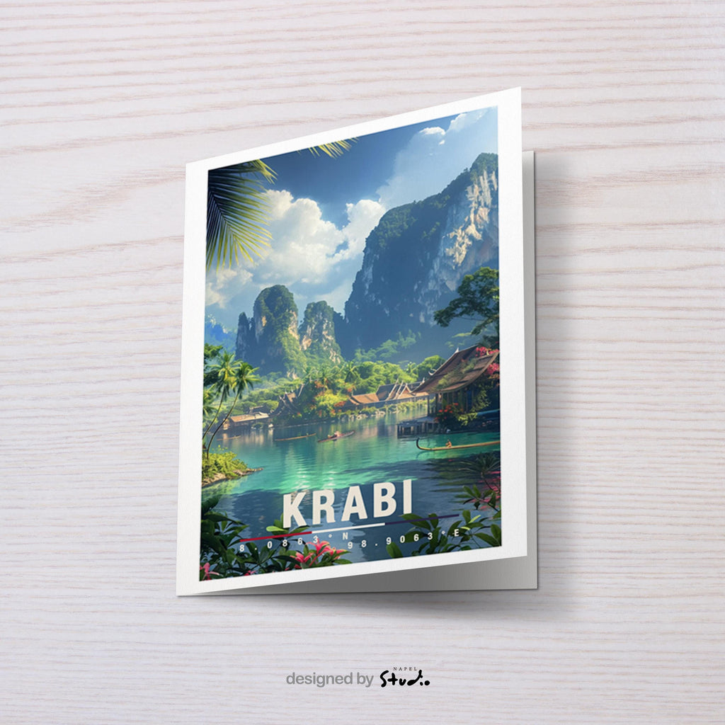 A6-Grußkarte mit Krabi-Illustration: Ruhige Lagune mit türkisgrünem Wasser, traditionellen Booten und Holzbungalows am Ufer. Umgeben von dichter tropischer Vegetation und hohen Kalksteinfelsen unter blauem Himmel mit Wolken. Leuchtende Farben und moderner Travel-Poster-Stil, ideal als Reise- oder Souvenirkarte für Thailand- und Natur-Liebhaber.
