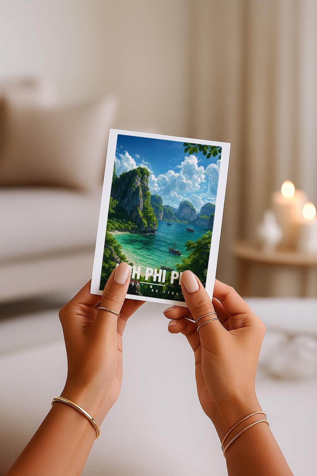 A6-Grußkarte mit Koh-Phi-Phi-Illustration: Tropische Inselbucht mit türkisfarbenem Meer, traditionellen Booten und hohen Kalksteinfelsen. Dichte grüne Vegetation umrahmt die Szene, im Hintergrund liegen weitere Inseln unter blauem Himmel mit Wolken. Leuchtende Farben und moderner Travel-Poster-Stil, ideal als Reise- oder Souvenirkarte für Thailand- und Insel-Liebhaber.