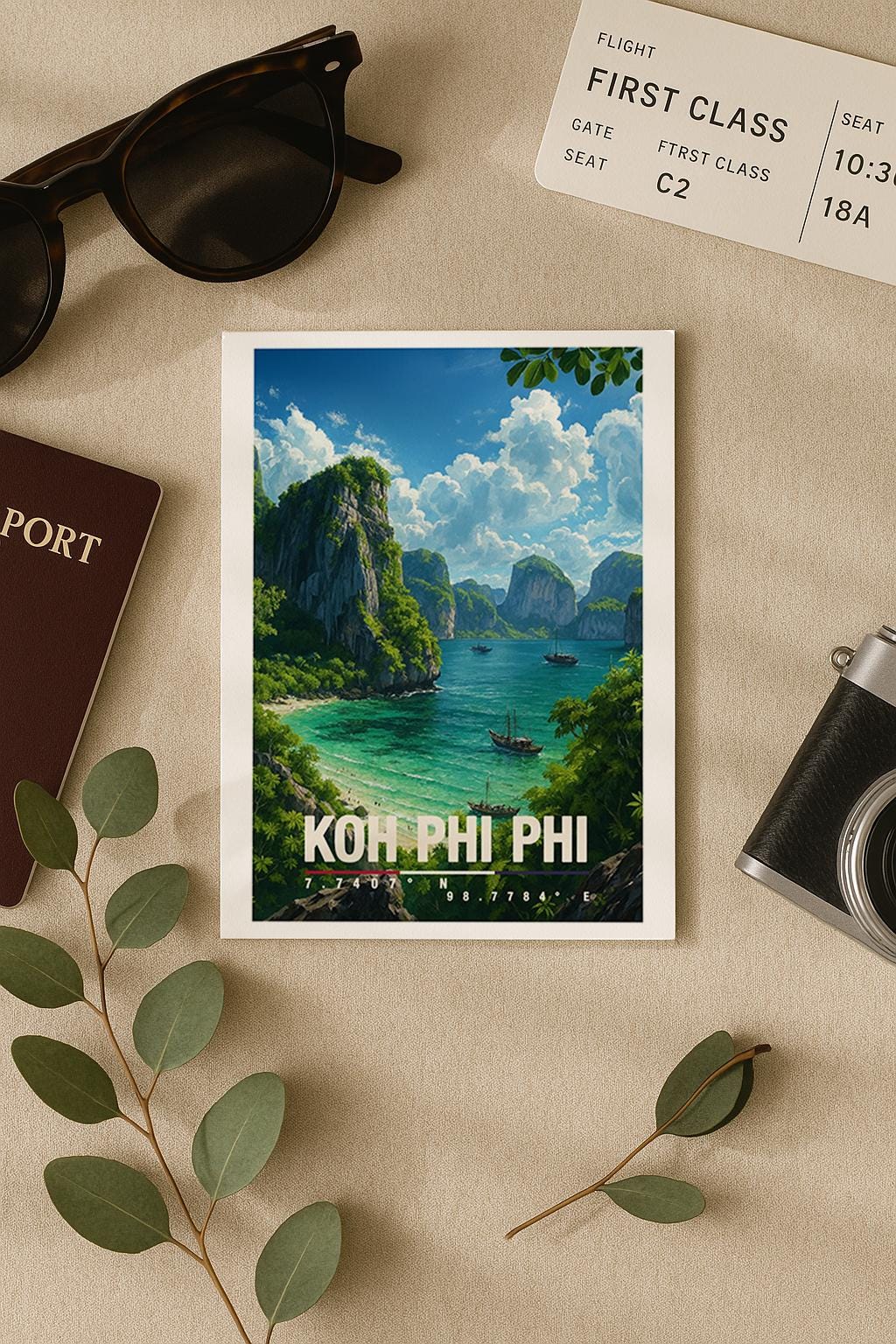 A6-Grußkarte mit Koh-Phi-Phi-Illustration: Tropische Inselbucht mit türkisfarbenem Meer, traditionellen Booten und hohen Kalksteinfelsen. Dichte grüne Vegetation umrahmt die Szene, im Hintergrund liegen weitere Inseln unter blauem Himmel mit Wolken. Leuchtende Farben und moderner Travel-Poster-Stil, ideal als Reise- oder Souvenirkarte für Thailand- und Insel-Liebhaber.
