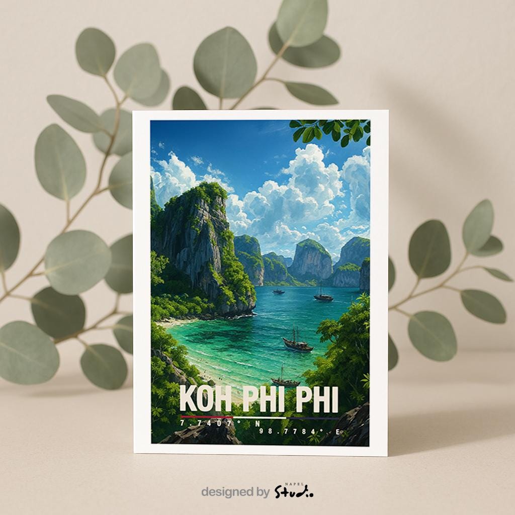 A6-Grußkarte mit Koh-Phi-Phi-Illustration: Tropische Inselbucht mit türkisfarbenem Meer, traditionellen Booten und hohen Kalksteinfelsen. Dichte grüne Vegetation umrahmt die Szene, im Hintergrund liegen weitere Inseln unter blauem Himmel mit Wolken. Leuchtende Farben und moderner Travel-Poster-Stil, ideal als Reise- oder Souvenirkarte für Thailand- und Insel-Liebhaber.