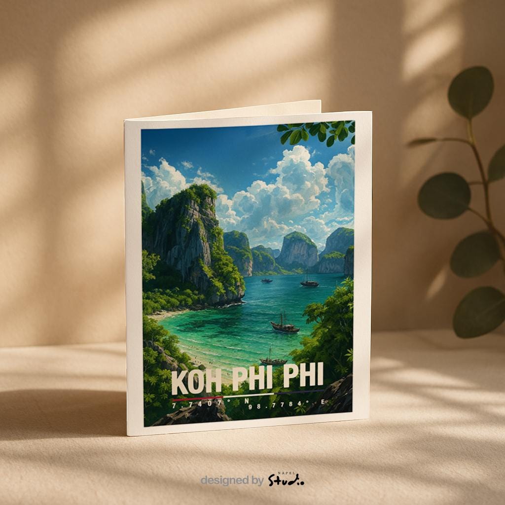 A6-Grußkarte mit Koh-Phi-Phi-Illustration: Tropische Inselbucht mit türkisfarbenem Meer, traditionellen Booten und hohen Kalksteinfelsen. Dichte grüne Vegetation umrahmt die Szene, im Hintergrund liegen weitere Inseln unter blauem Himmel mit Wolken. Leuchtende Farben und moderner Travel-Poster-Stil, ideal als Reise- oder Souvenirkarte für Thailand- und Insel-Liebhaber.