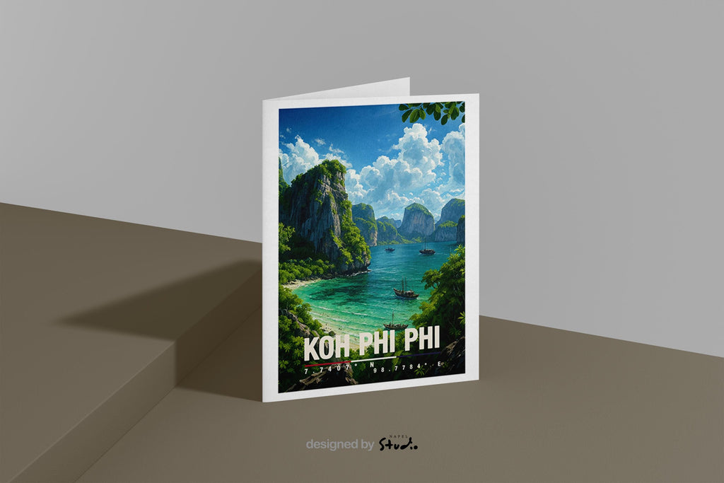 A6-Grußkarte mit Koh-Phi-Phi-Illustration: Tropische Inselbucht mit türkisfarbenem Meer, traditionellen Booten und hohen Kalksteinfelsen. Dichte grüne Vegetation umrahmt die Szene, im Hintergrund liegen weitere Inseln unter blauem Himmel mit Wolken. Leuchtende Farben und moderner Travel-Poster-Stil, ideal als Reise- oder Souvenirkarte für Thailand- und Insel-Liebhaber.