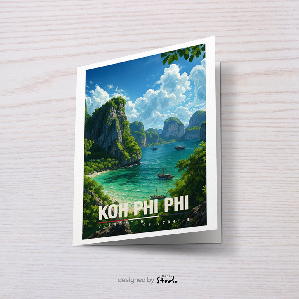 A6-Grußkarte mit Koh-Phi-Phi-Illustration: Tropische Inselbucht mit türkisfarbenem Meer, traditionellen Booten und hohen Kalksteinfelsen. Dichte grüne Vegetation umrahmt die Szene, im Hintergrund liegen weitere Inseln unter blauem Himmel mit Wolken. Leuchtende Farben und moderner Travel-Poster-Stil, ideal als Reise- oder Souvenirkarte für Thailand- und Insel-Liebhaber.